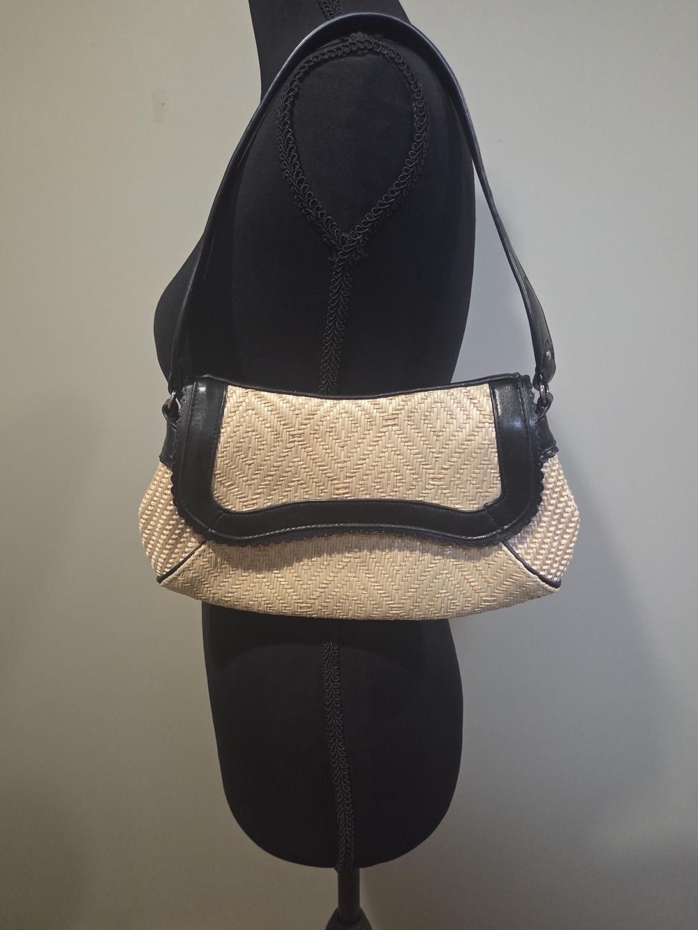 Coldwater Creek Beige Woven Mini Shoulder Bag with Black Trim